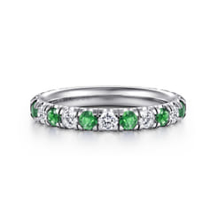 14K White Gold Emerald and Diamond Stackable Band