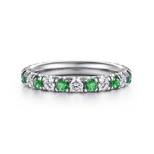 14K White Gold Emerald and Diamond Stackable Band