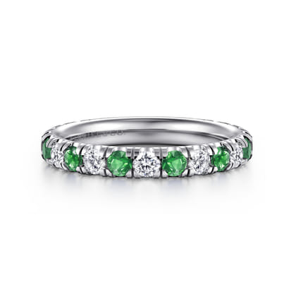14K White Gold Emerald and Diamond Stackable Band