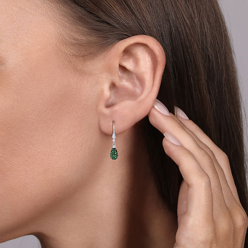14K White Gold Emerald and Diamond Teardrop Earrings - 0.2 ct - Shot 2