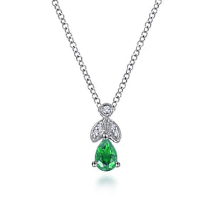 14K White Gold Emerald and Diamond Teardrop Pendant Necklace