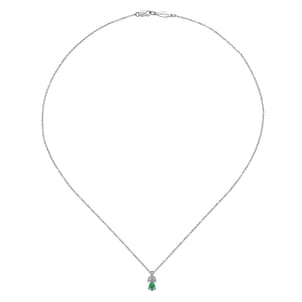 14K White Gold Emerald and Diamond Teardrop Pendant Necklace