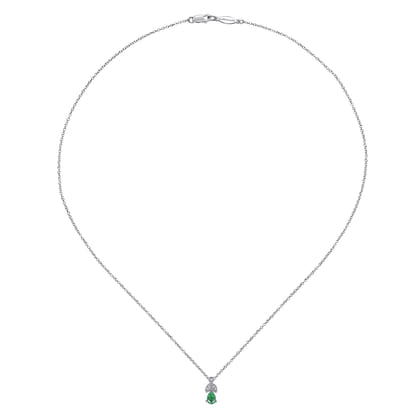 14K White Gold Emerald and Diamond Teardrop Pendant Necklace