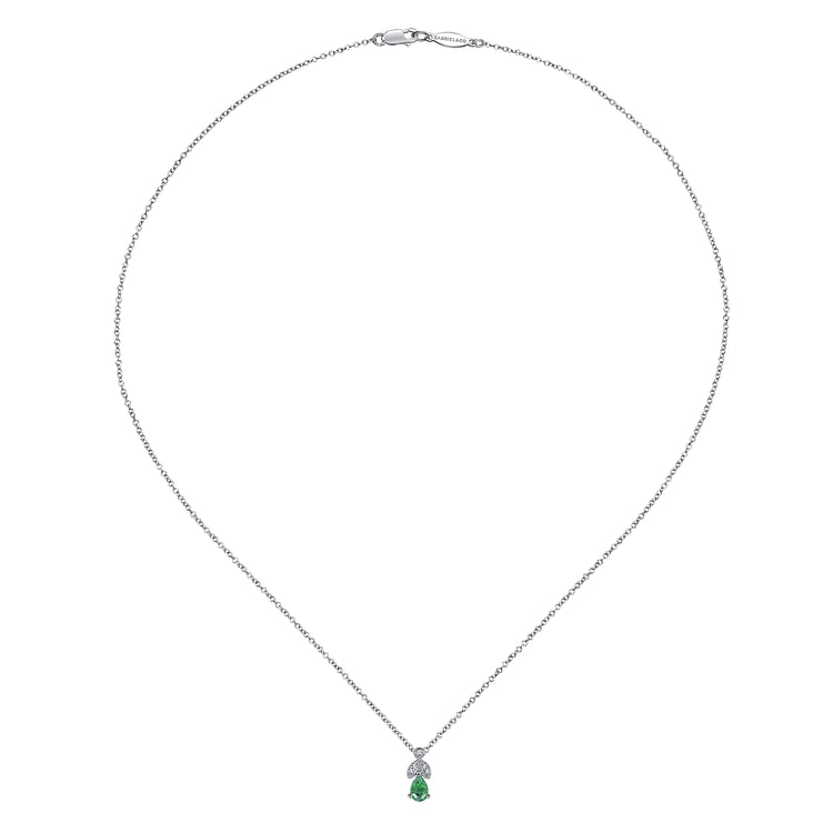 14K White Gold Emerald and Diamond Teardrop Pendant Necklace