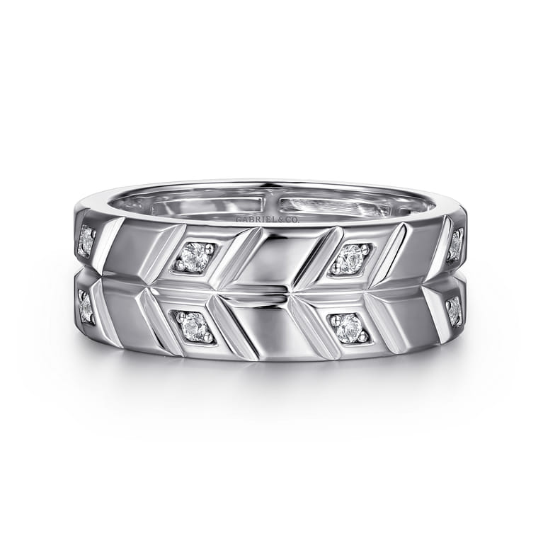 14K White Gold Faceted Diamond Fashion Men's Ring - 0.18 ct - Shot 1