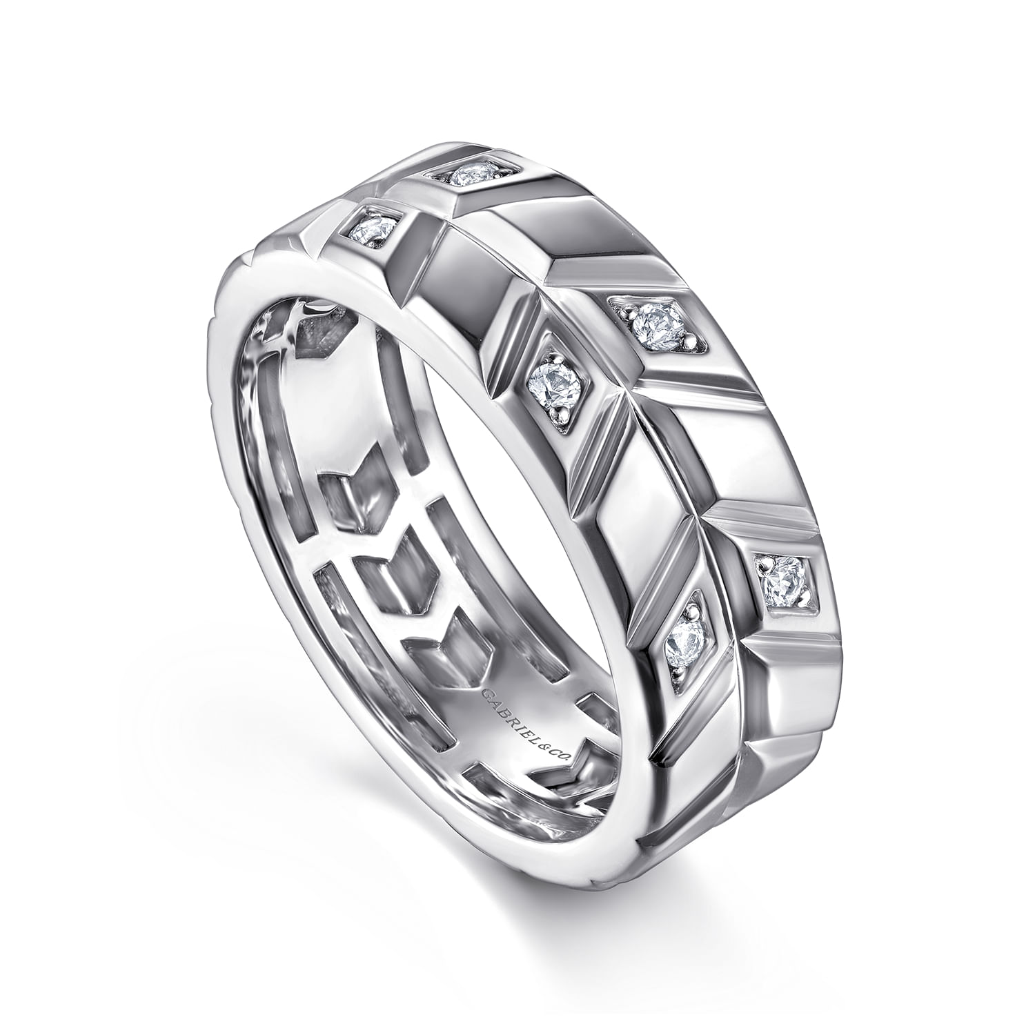 14K White Gold Faceted Diamond Fashion Men's Ring