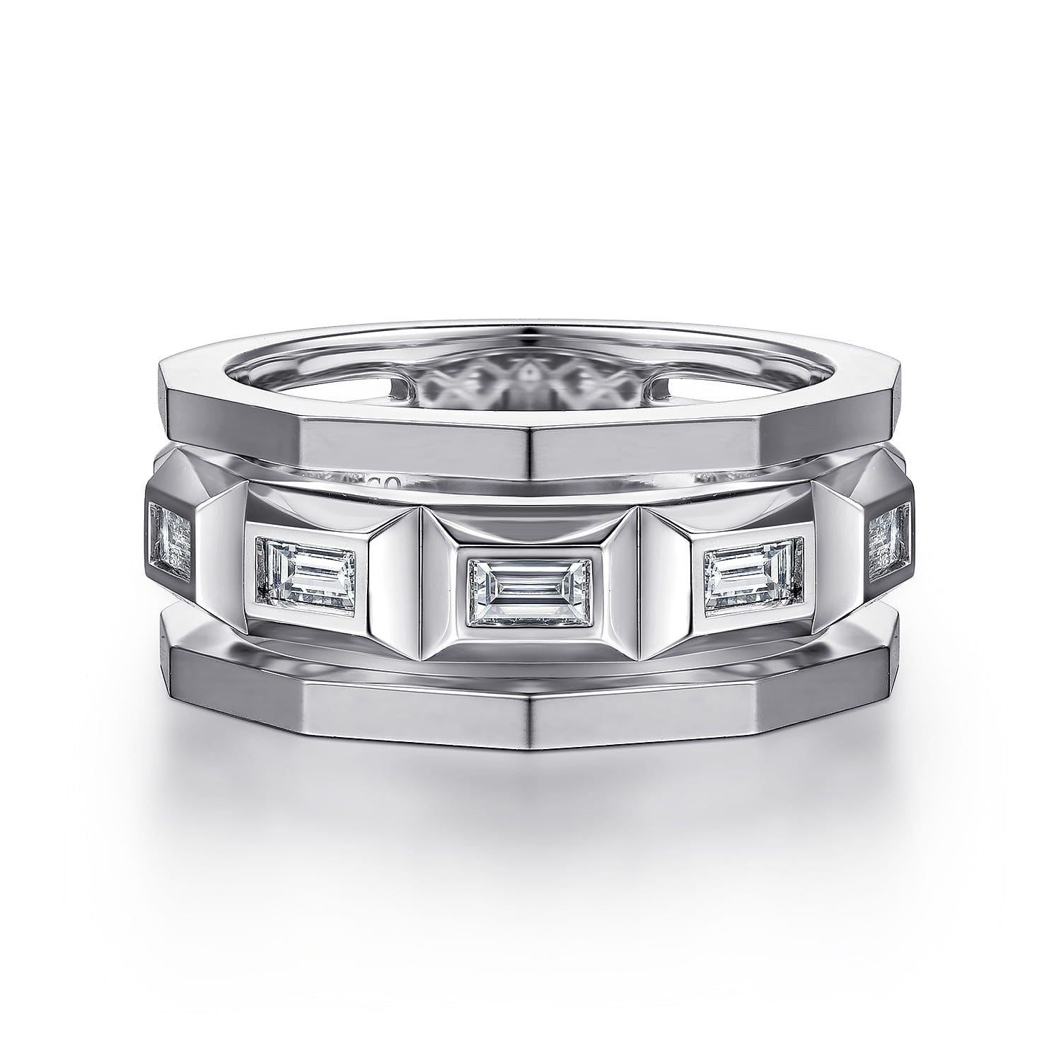 14K White Gold Faceted Ring with Diamond Baguettes in High Polished Finish - 0.5 ct - Shot 1