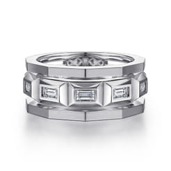 14K White Gold Faceted Ring with Diamond Baguettes in High Polished Finish