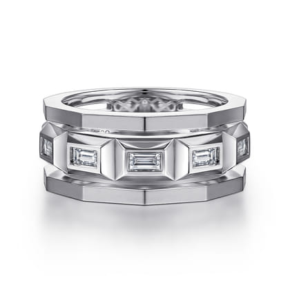 14K White Gold Faceted Ring with Diamond Baguettes in High Polished Finish