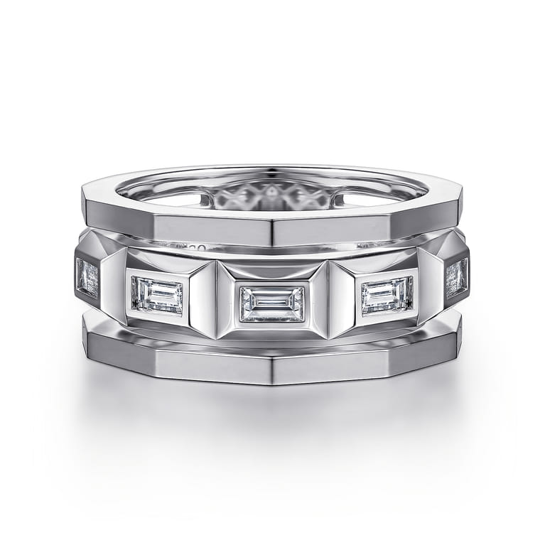 14K White Gold Faceted Ring with Diamond Baguettes in High Polished Finish - 0.5 ct - Shot 1