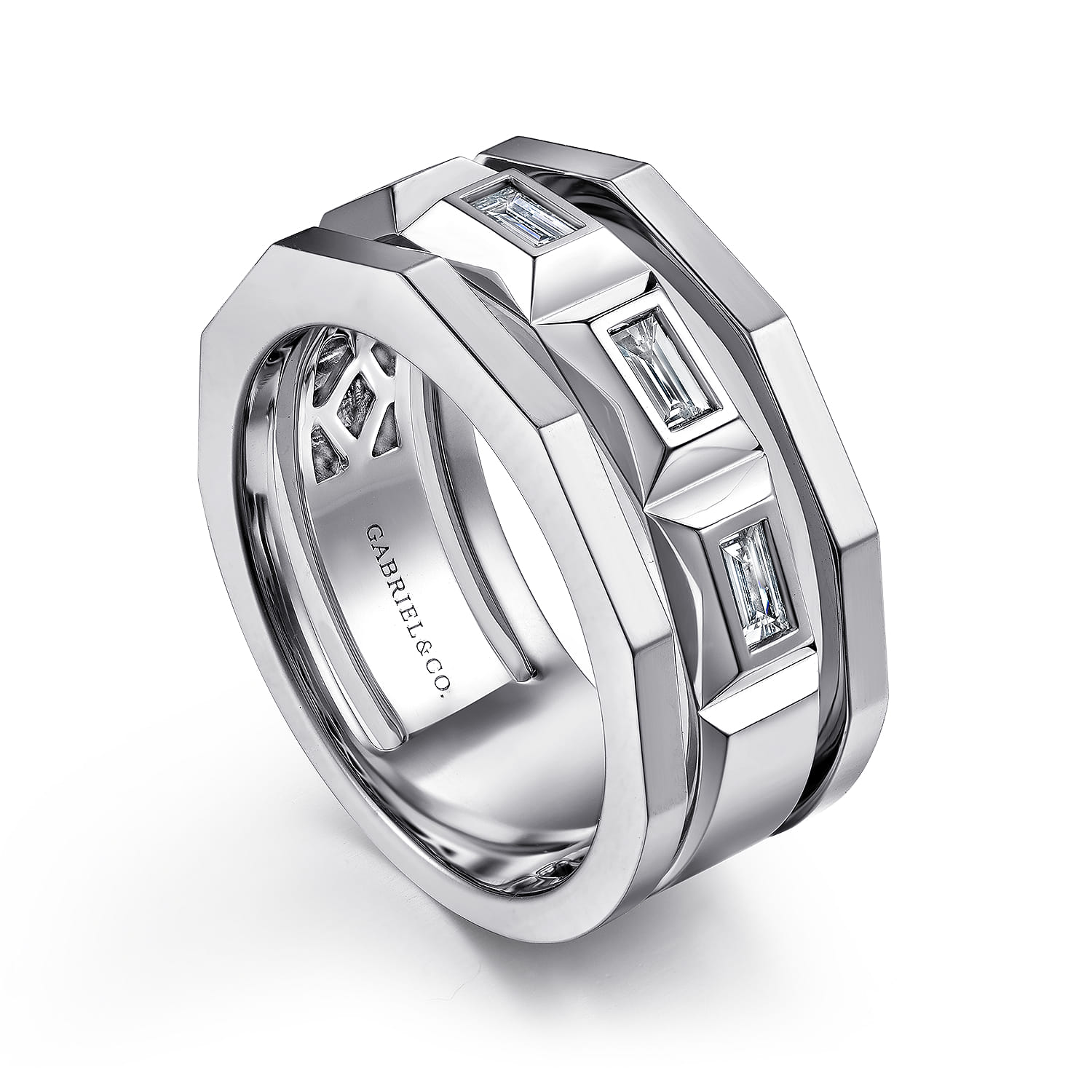 14K White Gold Faceted Ring with Diamond Baguettes in High Polished Finish - 0.5 ct - Shot 3