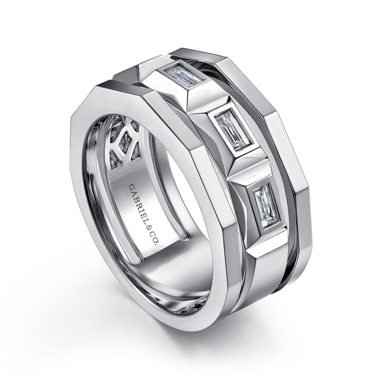 14K White Gold Faceted Ring with Diamond Baguettes in High Polished Finish - 0.5 ct - Shot 3