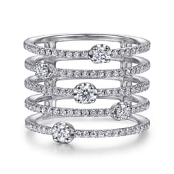 14K White Gold Five Row Diamond Station Wide Band