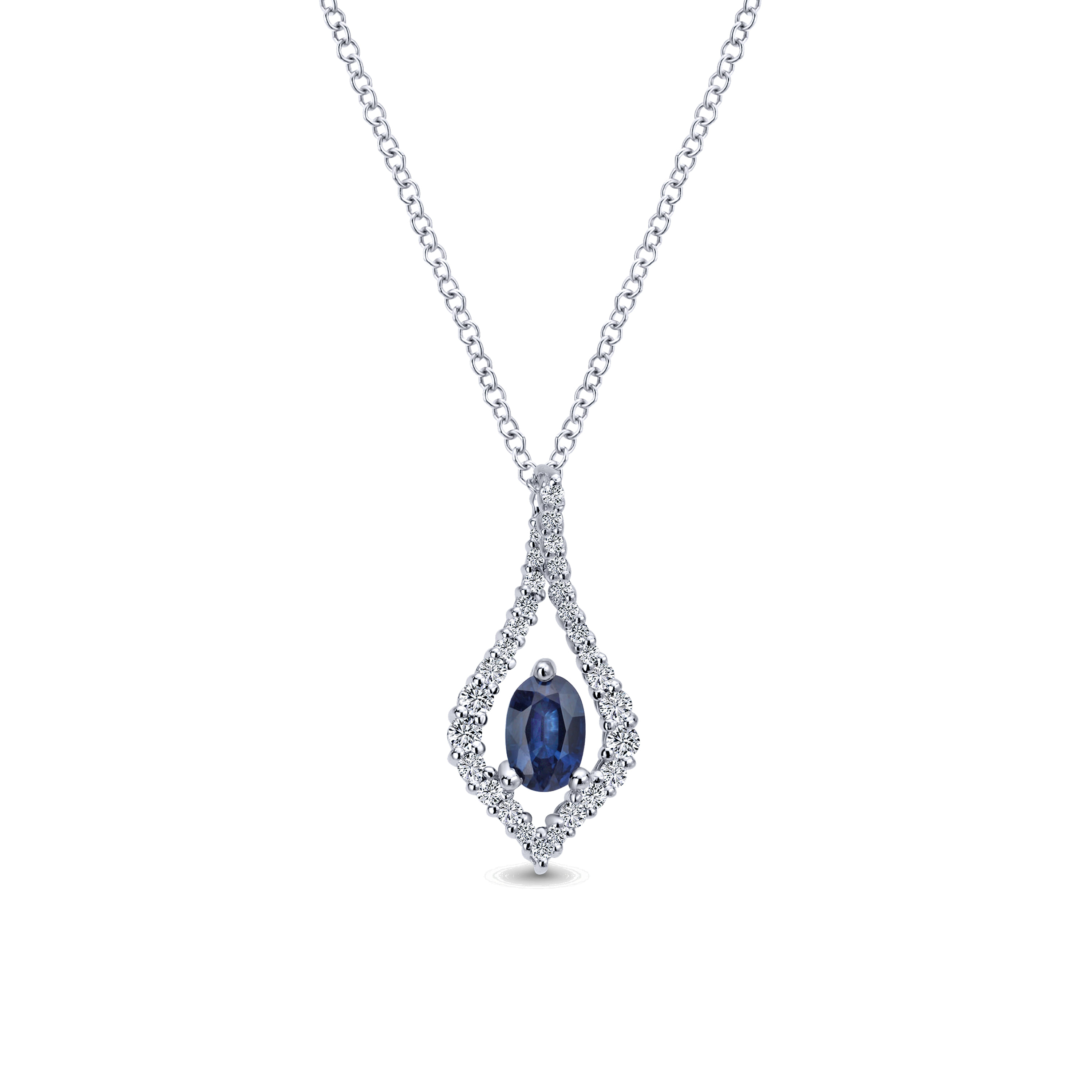 14K White Gold Floating Oval Sapphire Diamond Teardrop Pendant Necklace - 0.3 ct - Shot 1