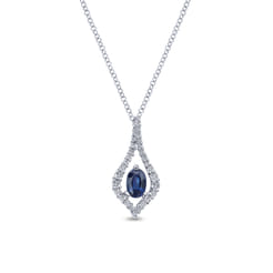 14K White Gold Floating Oval Sapphire Diamond Teardrop Pendant Necklace