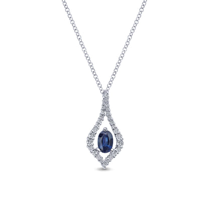 14K White Gold Floating Oval Sapphire Diamond Teardrop Pendant Necklace