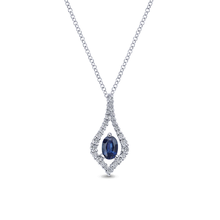 14K White Gold Floating Oval Sapphire Diamond Teardrop Pendant Necklace - 0.3 ct - Shot 1