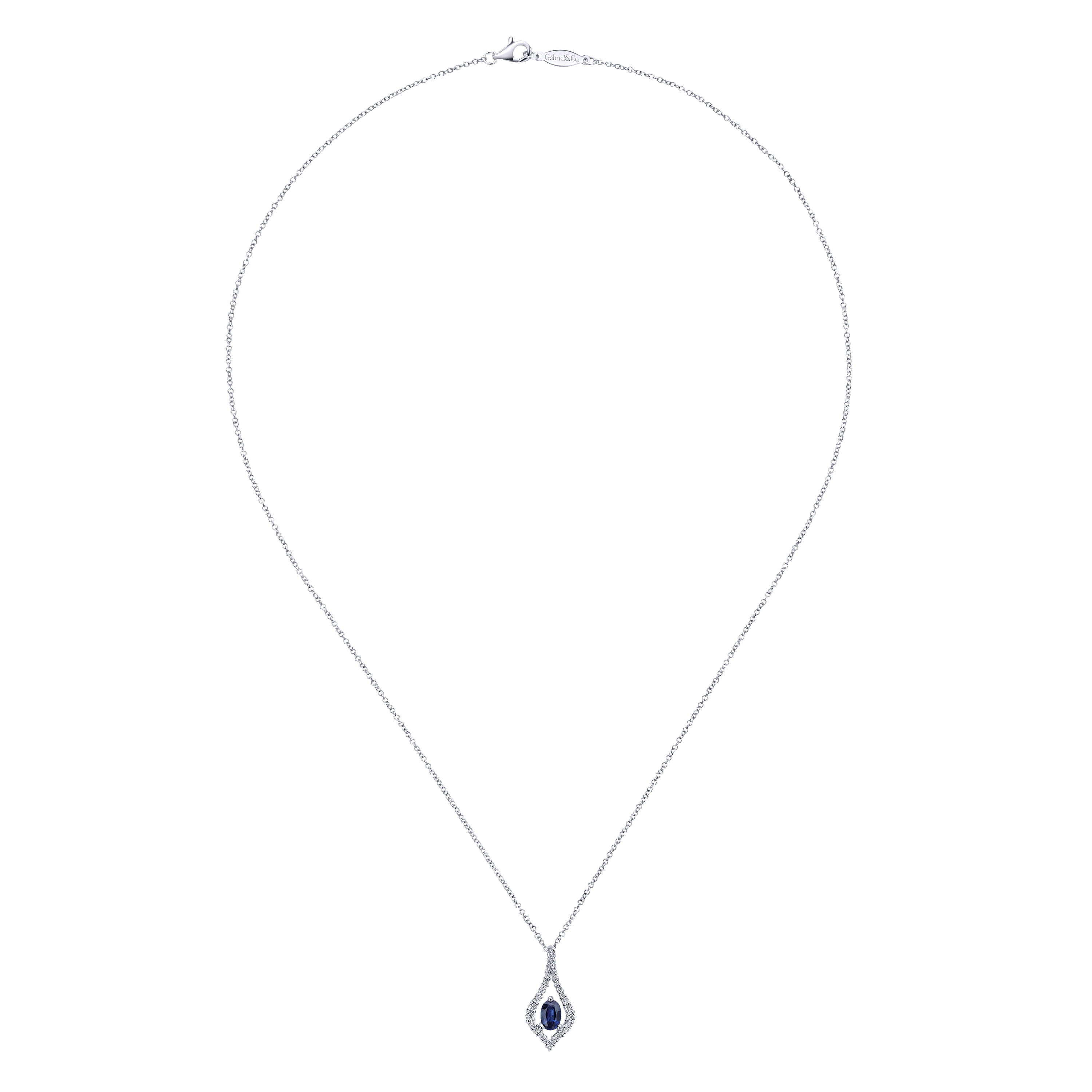 14K White Gold Floating Oval Sapphire Diamond Teardrop Pendant Necklace - 0.3 ct - Shot 2