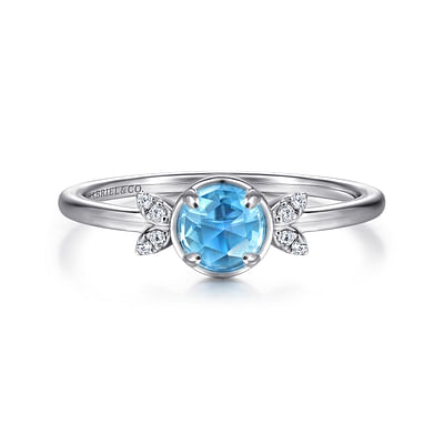 14K White Gold Floral Blue Topaz Diamond Ring