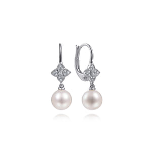 14K White Gold Floral Diamond Pearl Drop Earrings