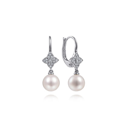 14K White Gold Floral Diamond Pearl Drop Earrings