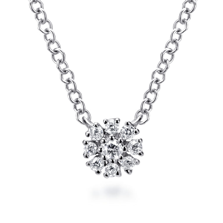 14K White Gold Floral Diamond Pendant Necklace - 0.06 ct - Shot 1
