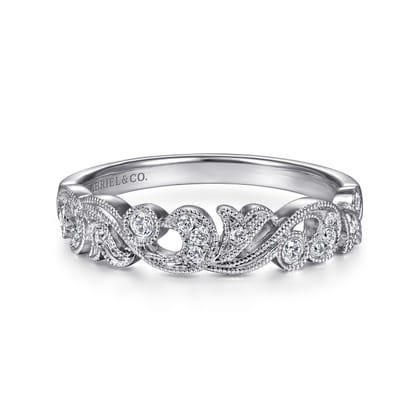 14K White Gold Floral Diamond Stackable Ring