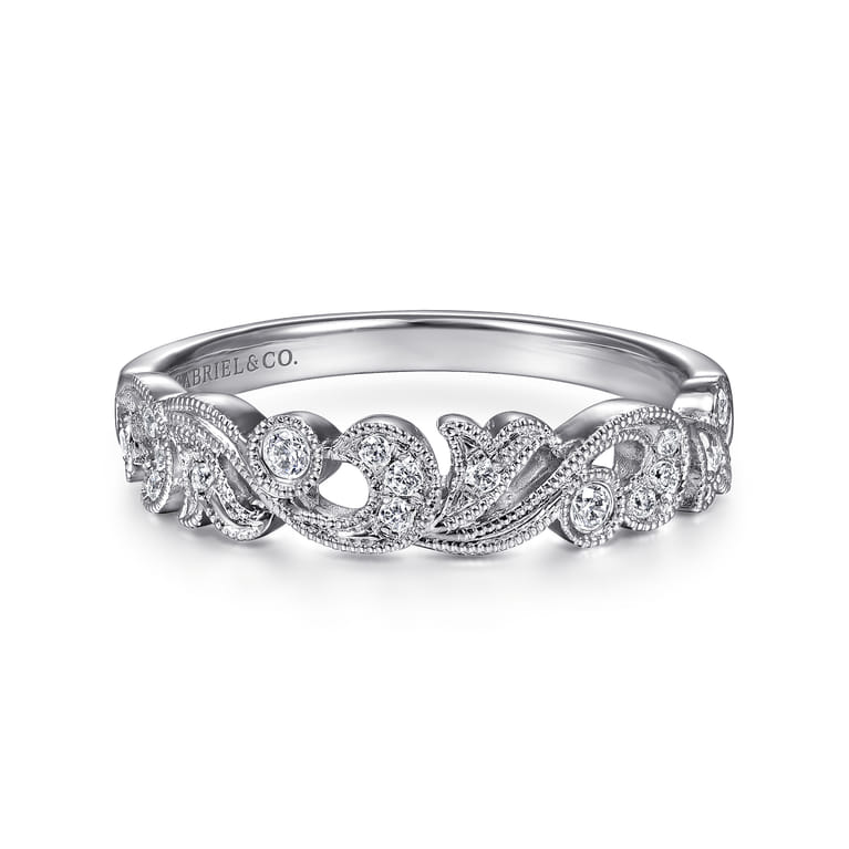 14K White Gold Floral Diamond Stackable Ring - 0.14 ct - Shot 1