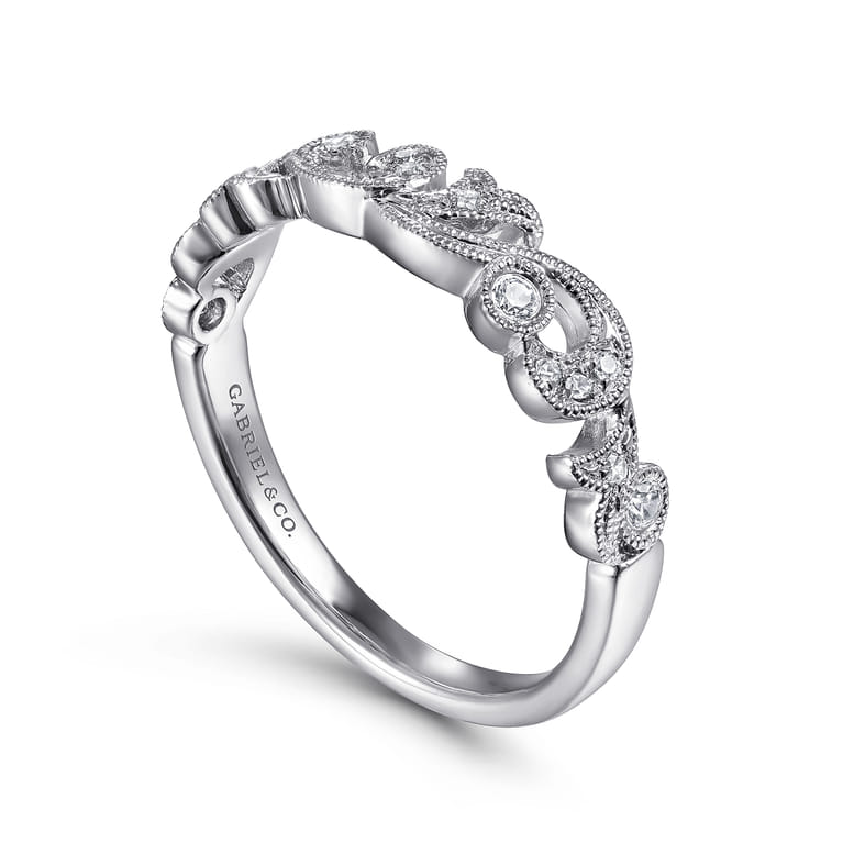 14K White Gold Floral Diamond Stackable Ring - 0.14 ct - Shot 3