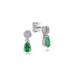 14K White Gold Floral Diamond Stud Earrings with Pear Shaped Emerald Drops
