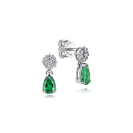 14K White Gold Floral Diamond Stud Earrings with Pear Shaped Emerald Drops