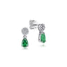 14K White Gold Floral Diamond Stud Earrings with Pear Shaped Emerald Drops - 0.14 ct