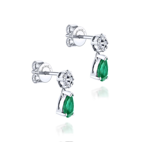 14K White Gold Floral Diamond Stud Earrings with Pear Shaped Emerald Drops - 0.14 ct - Shot 2