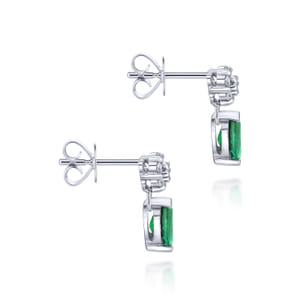 14K White Gold Floral Diamond Stud Earrings with Pear Shaped Emerald Drops