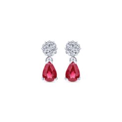 14K White Gold Floral Diamond Stud Earrings with Pear Shaped Ruby Drops