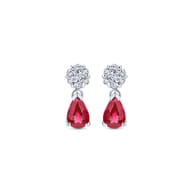 14K White Gold Floral Diamond Stud Earrings with Pear Shaped Ruby Drops