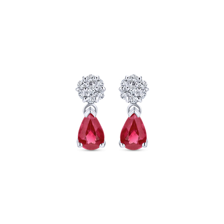 14K White Gold Floral Diamond Stud Earrings with Pear Shaped Ruby Drops - 0.14 ct - Shot 1