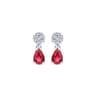 14K White Gold Floral Diamond Stud Earrings with Pear Shaped Ruby Drops - 0.14 ct