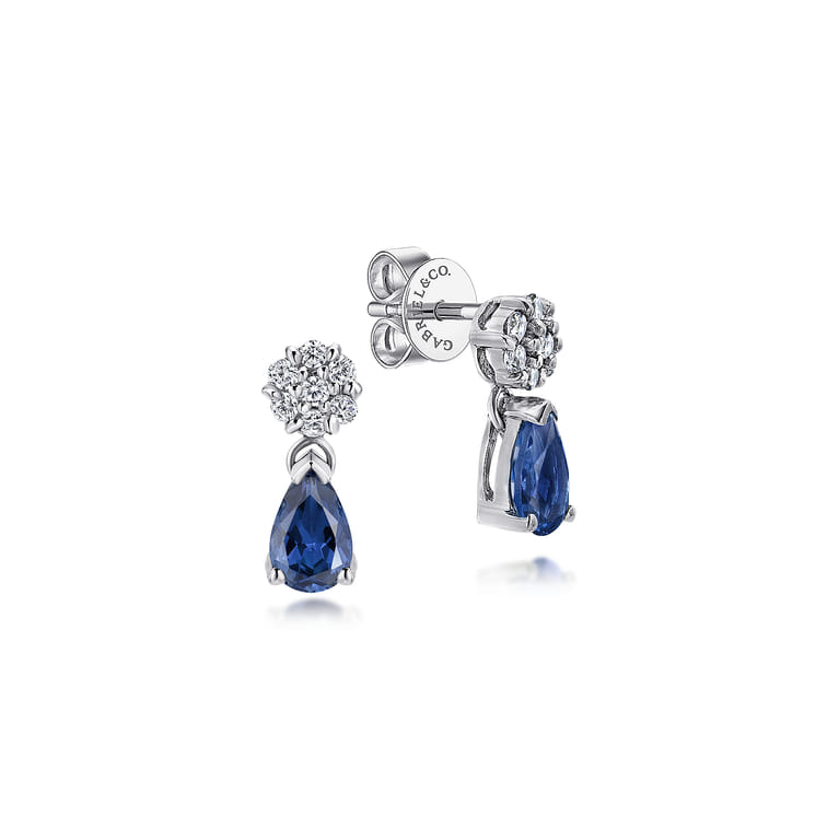 14K White Gold Floral Diamond Stud Earrings with Pear Shaped Sapphire Drops - 0.14 ct - Shot 1