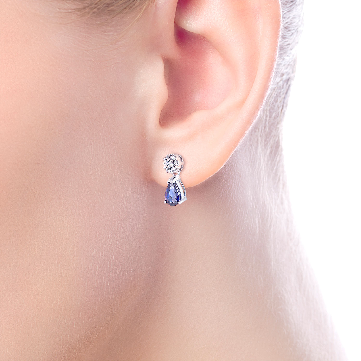 14K White Gold Floral Diamond Stud Earrings with Pear Shaped Sapphire Drops - 0.14 ct - Shot 2