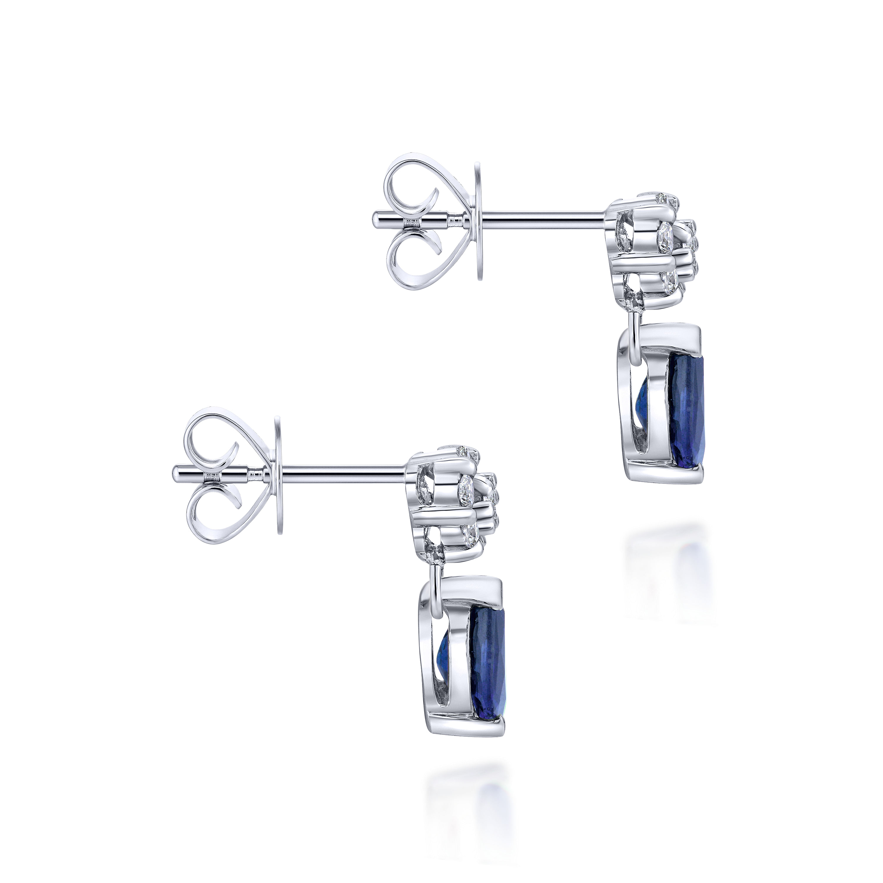 14K White Gold Floral Diamond Stud Earrings with Pear Shaped Sapphire Drops - 0.14 ct - Shot 3