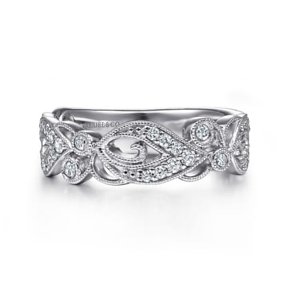 14K White Gold Floral Inspired Diamond Stackable Ring