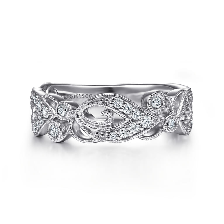 14K White Gold Floral Inspired Diamond Stackable Ring - 0.3 ct - Shot 1