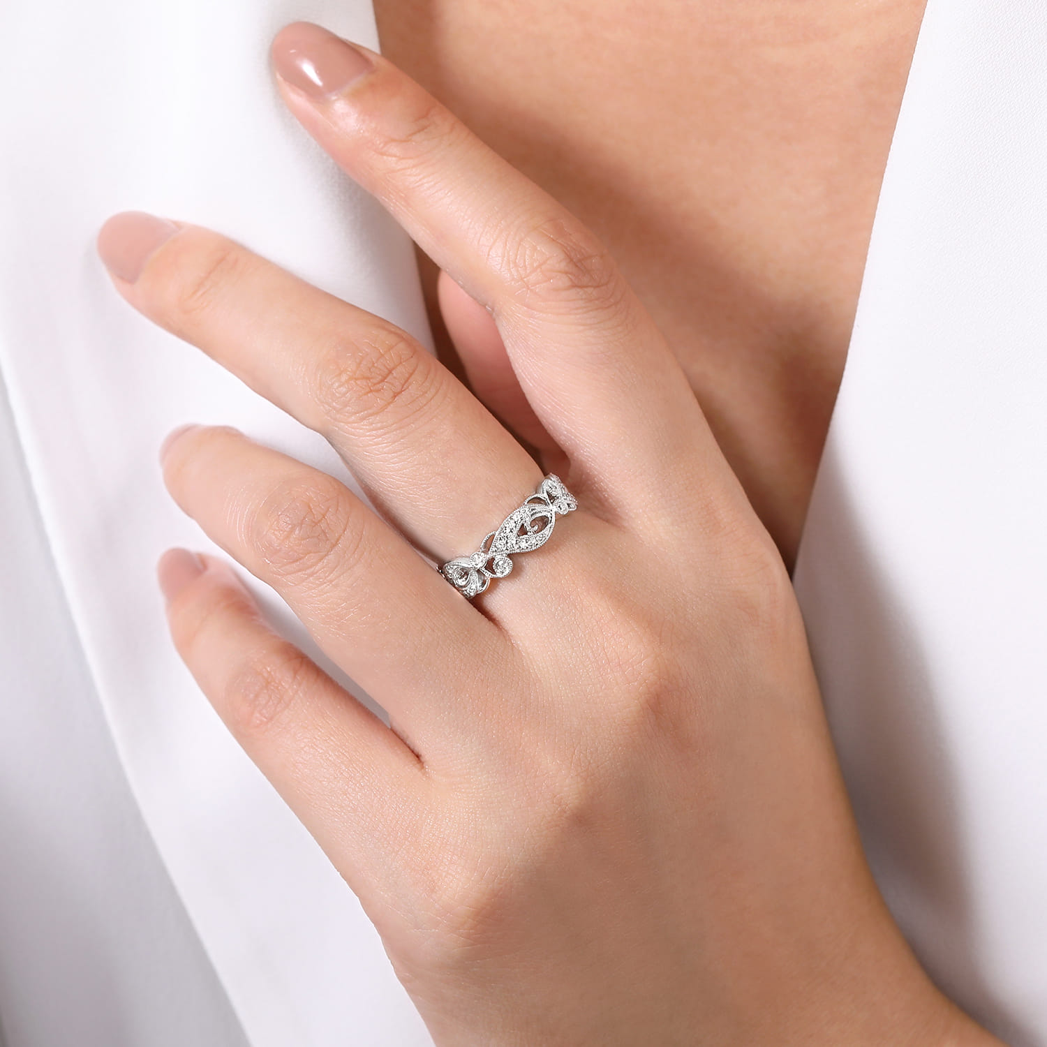 14K White Gold Floral Inspired Diamond Stackable Ring