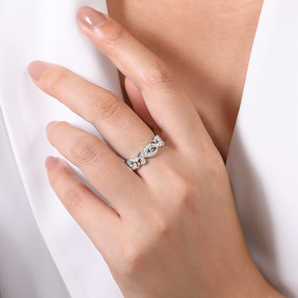 14K White Gold Floral Inspired Diamond Stackable Ring