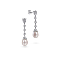 14K White Gold Floral Pearl Diamond Drop Earrings