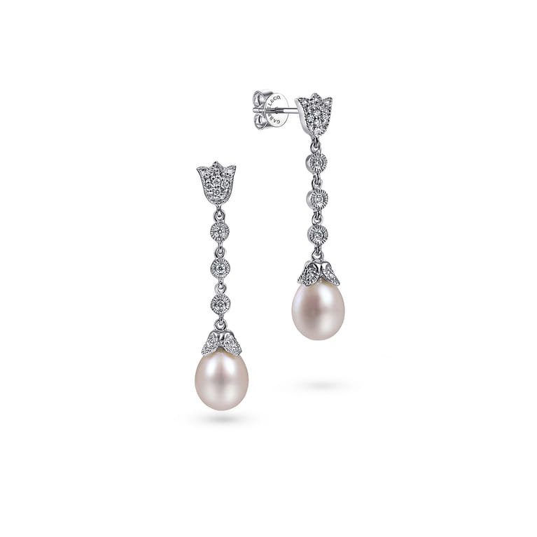 14K White Gold Floral Pearl Diamond Drop Earrings - 0.15 ct - Shot 1