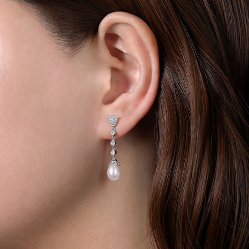 14K White Gold Floral Pearl Diamond Drop Earrings - 0.15 ct - Shot 2