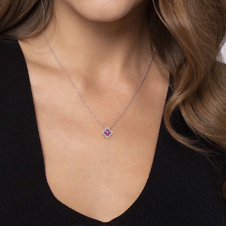 14K White Gold Floral Ruby and Diamond Pendant Necklace