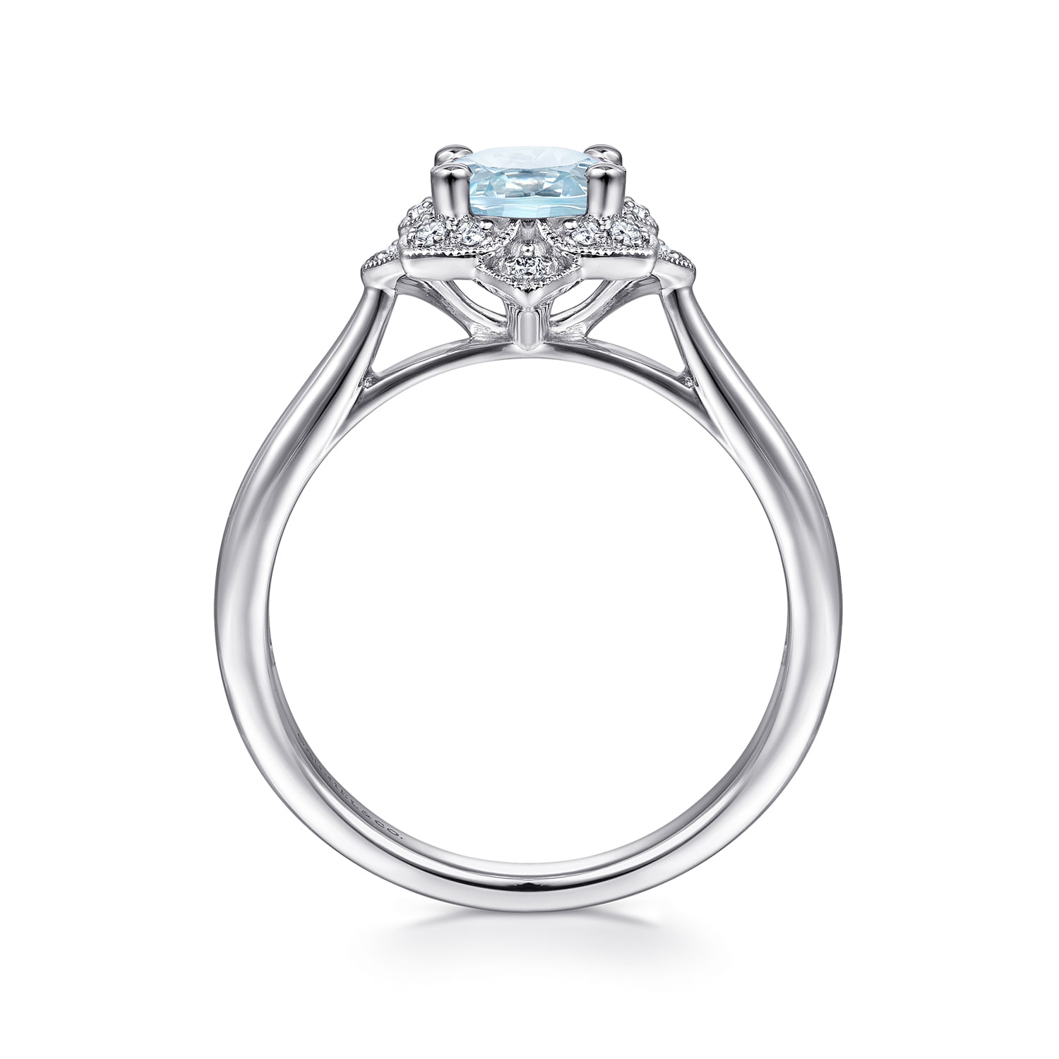 14K White Gold Flower Halo Aquamarine and Diamond Ring